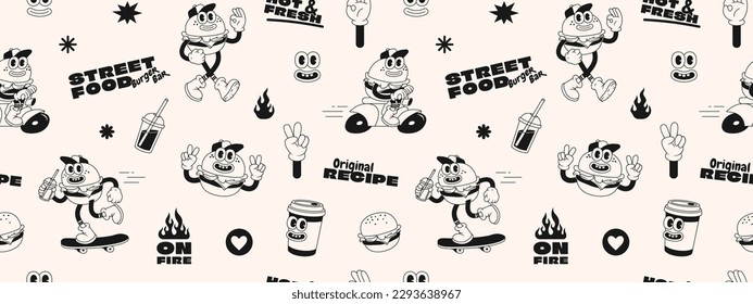 Burger retro cartoon fast food seamless pattern. Comic character, slogan, quotes and other elements for burger bar, cafe, restaurant. Groovy funky trendy vector illustration and background.