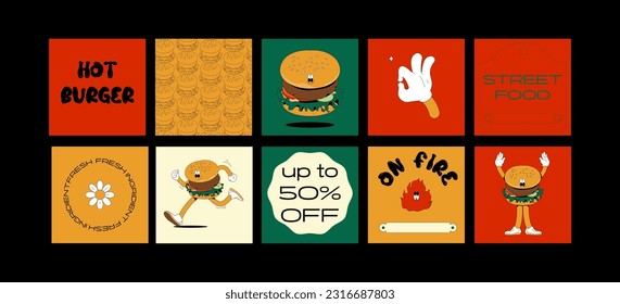 Burger retro cartoon fast food posters and cards. Social media templates stories posts. Groovy funky vector illustration.