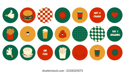 Caricatura retro de Burger pegatinas de comida rápida. Carácter cómico, eslogan, citas y otros elementos para el bar de hamburguesas, cafetería, restaurante. Groovy funky ilustración vectorial en estilo retro de caricatura a la moda.