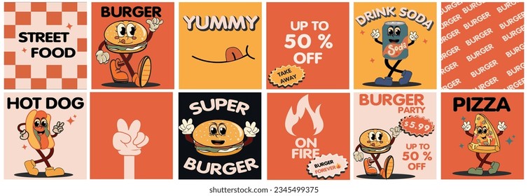 Burger retro cartoon fast food posters and cards. Comic character slogan quote and other elements for burger,Hot dog bar restaurant. Social media templates stories posts. Groovy funky vector 