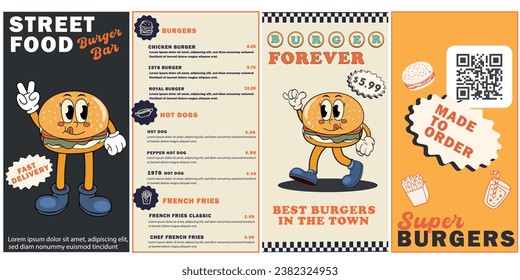 Caricatura de Burger retro carteles y tarjetas de comida rápida. Cita de slogan con caracter cómico y otros elementos para el restaurante de café bar hamburguesa. Menú, invitación, plantilla de historias. Ilustración vectorial de Groovy