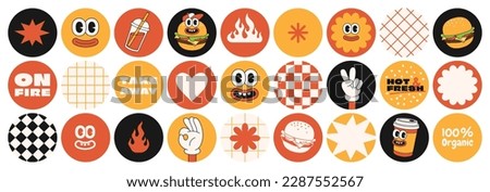 Burger retro cartoon fast food stickers. Comic character, slogan, quotes and other elements for burger bar, cafe, restaurant. Groovy funky vector illustration in trendy retro cartoon style.