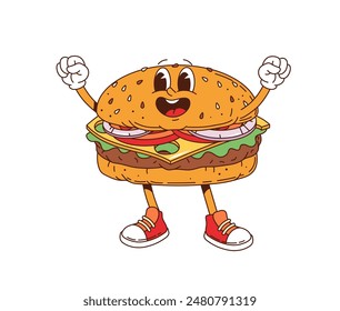 Burger retro groovy barbeque grill character. Isolated cartoon vector cheerful hamburger fast food bbq personage with expressive eyes and happy smile, stands with arms raised in a welcoming gesture