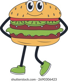 Burger Retro Mascot Character. Vector Illustration in Groovy Design Style.