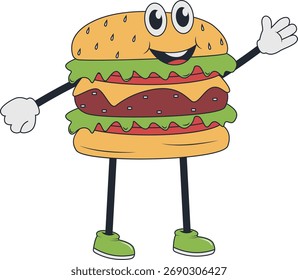 Burger Retro Mascot Character. Vector Illustration in Groovy Design Style.