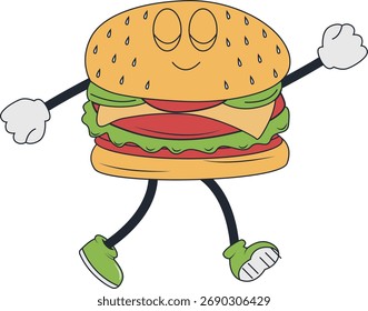 Personagem do mascote retrô do hambúrguer. Ilustração de vetor em estilo de design Groovy.