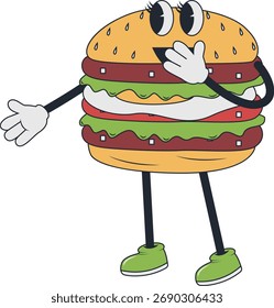 Burger Retro Mascot Character. Vector Illustration in Groovy Design Style.