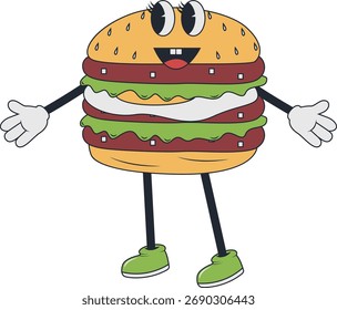 Burger Retro Mascot Character. Vector Illustration in Groovy Design Style.