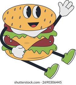 Personaje de la mascota retro de la hamburguesa. Ilustración vectorial en estilo de diseño Groovy.