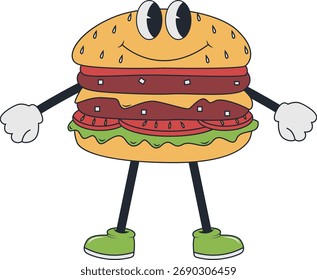 Personaje de la mascota retro de la hamburguesa. Ilustración vectorial en estilo de diseño Groovy.