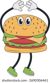 Personagem do mascote retrô do hambúrguer. Ilustração de vetor em estilo de design Groovy.