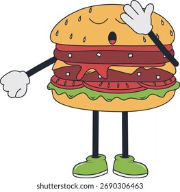 Personagem do mascote retrô do hambúrguer. Ilustração de vetor em estilo de design Groovy.