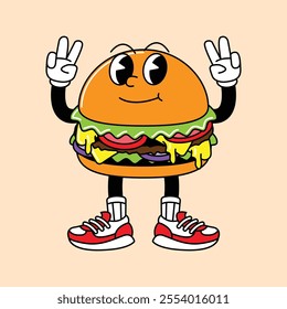 Burger retro mascot with hand and foot. Retro vintage mascot cartoon stickers with funny comic characters and gloved hands.