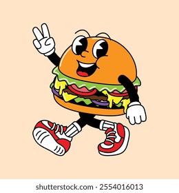 Burger retro mascot with hand and foot. Retro vintage mascot cartoon stickers with funny comic characters and gloved hands.