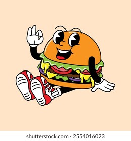 Burger retro mascot with hand and foot. Retro vintage mascot cartoon stickers with funny comic characters and gloved hands.