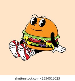 Burger retro mascot with hand and foot. Retro vintage mascot cartoon stickers with funny comic characters and gloved hands.