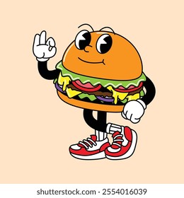Burger retro mascot with hand and foot. Retro vintage mascot cartoon stickers with funny comic characters and gloved hands.
