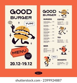 Burger retro menu template. Vector cartoon mascot character. Flyer, poster, or brochure layout. Vertical aspect ratio.