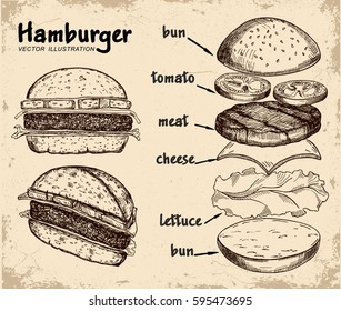 Burger retro style, vector illustration. Burger ingredients. Vector vintage engraving illustration for poster, menu, web, banner, info graphic