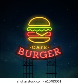 Burger road sing. City sign neon. Logo, emblem. Burger neon sign, bright signboard, light banner. 