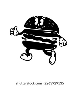 burger running, happy , ok sign, hamburger, cheese, zinger, fast food, logo, illustraion, emotions, expresions