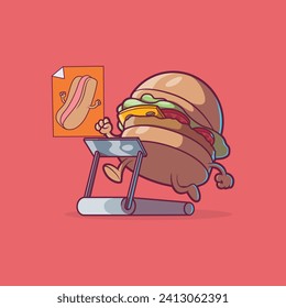 Burger running on a threadmill looking at a poster vector illustration. Food, health, funny design concept.