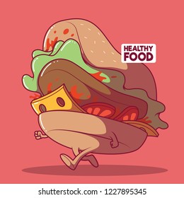 Burger running vector illustration. Sport, food, healthy, fast food, fat, diet design concept