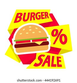 Burger Sale Label Sticker Design In Flat Style Isolated On White Background