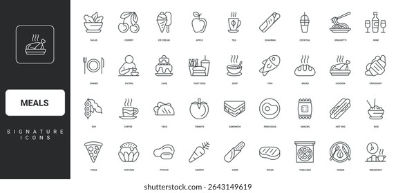 burger sandwich and beverage cup, chicken and fish, hot soup thin black symbols vector illustration. Meals, fast food and healthy nutrition for breakfast, lunch and dinner line icon set.