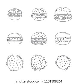 Burger sandwich bread bun icons set. Outline illustration of 9 burger sandwich bread bun vector icons for web