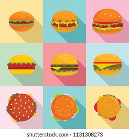 Burger sandwich bread bun icons set. Flat illustration of 9 burger sandwich bread bun vector icons for web