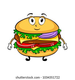 Burger sandwich cartoon character pop art retro vector illustration. Cartoon food character. Isolated image on white background. Comic book style imitation.