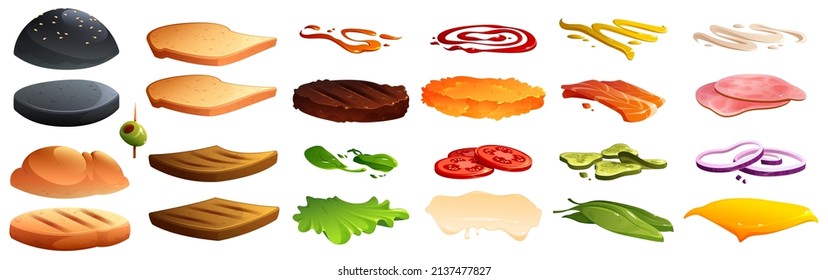 Burger and sandwich constructor with buns, beef and chicken patty, bread, cheese, vegetable slices and sauces. Vector cartoon set of fastfood ingredients, tomato, lettuce, onion, ham and salmon