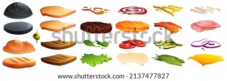 Burger and sandwich constructor with buns, beef and chicken patty, bread, cheese, vegetable slices and sauces. Vector cartoon set of fastfood ingredients, tomato, lettuce, onion, ham and salmon