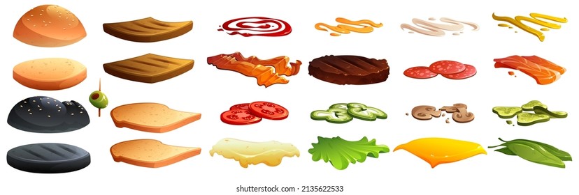 Burger and sandwich constructor with buns, bread toasts, cheese, vegetable slices, meat and sauces. Vector cartoon set of hamburger ingredients, tomato, bacon, salad, grilled cutlet and salmon