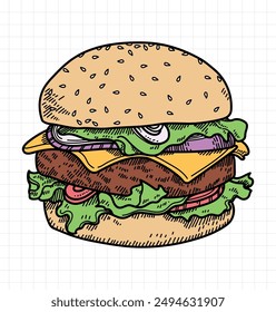 Burger sandwich hand drawn cartoon food for business concept.Vector comic illustration style.