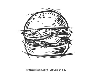 Burger sandwich hand drawn sketch food Restaurant business concept.Vector illustration. Hand drawn design element isolated on white backgroun