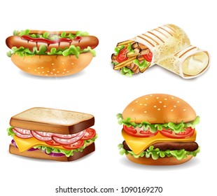 Burger, sandwich, hot dog and wrap Vector. Realistic set collections