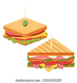 Burger, sandwich, hot dog and wrap Vector illustration set. Hamburger or cheeseburger snack fast food collections