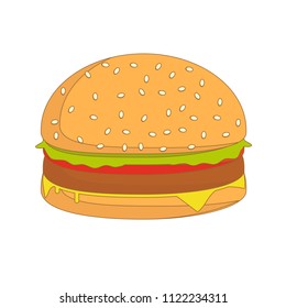 burger sandwich illustration, food icon, burger sandwich isolated - fast food. Stock flat vector illustration.