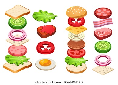 Burger and sandwich ingredients set, bun, cheese, bacon, tomato, onion, lettuce, cucumber, egg, beef, ham vector Illustration