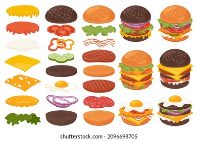 Burger or sandwich ingredients set vector illustration. Cartoon restaurant food menu with tasty beef cutlet and chorizo bacon, slices of cheddar cheese, veggie and in sauces in bun isolated on white