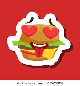 Burger Sandwich In Love With Hearts In Eyes, Cute Emoji Sticker On Red Background