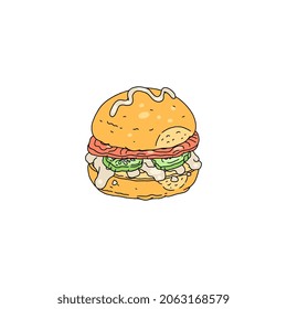 Burger or sandwich made of round bun with vegetable and meat ingredients, hand drawn colorful vector illustration isolated on white background. Sandwich bar menu item.