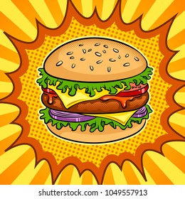 Burger sandwich pop art retro vector illustration. Color background. Comic book style imitation.