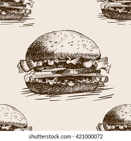 Burger sandwich sketch style seamless pattern vector illustration. Hand drawn sketch imitation