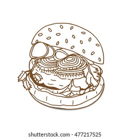 Burger sandwich sketch style vector illustration. Old engraving imitation. Hand drawn sketch imitation
