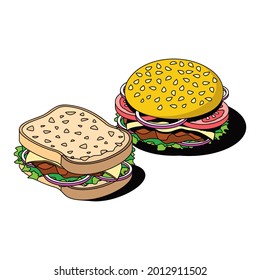 Burger and sandwich. Vector 3d sketch line isometric, color icon illustration, flat style. Creative design idea and elements for infographics and website.