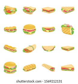 Burger and sandwich vector cartoon icon set.Vector isolated illustration fastfood.Icon set of burger and ingedient.