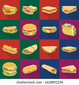 Burger and sandwich vector flat icon set.Vector isolated illustration fastfood.Icon set of burger and ingedient.